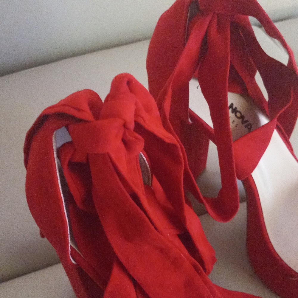 Fashion Nova Red Suede Ankle-Tie Sandals Size: - Picture 7 of 17
